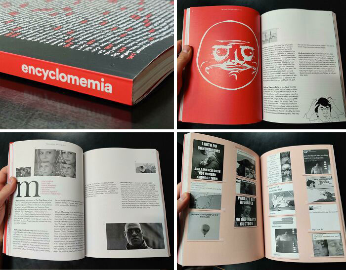 Book titled encyclomemia with humorous meme designs showcasing creative design