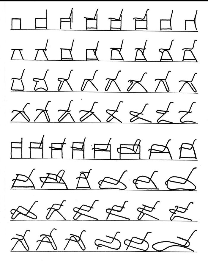 Hand-drawn chair design sketches showing evolution of creative design concepts