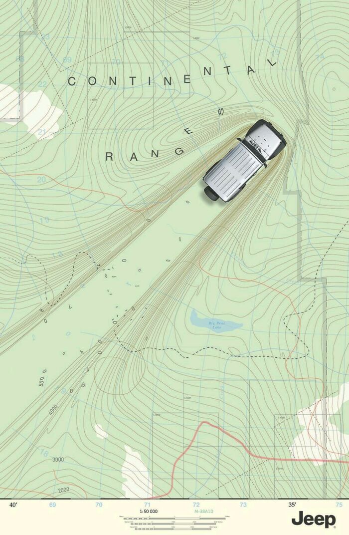 Jeep creative design illustrating tire tracks on a contour map