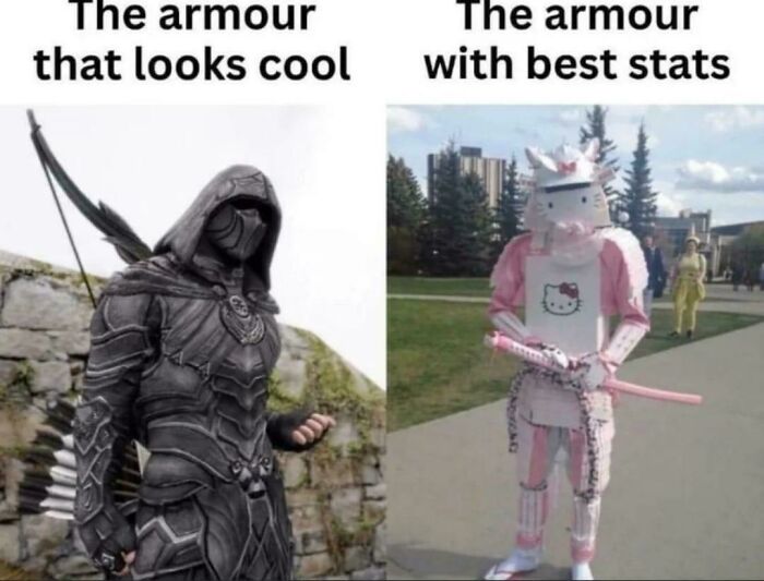 Meme comparing cool looking armor with best stats armor in gaming