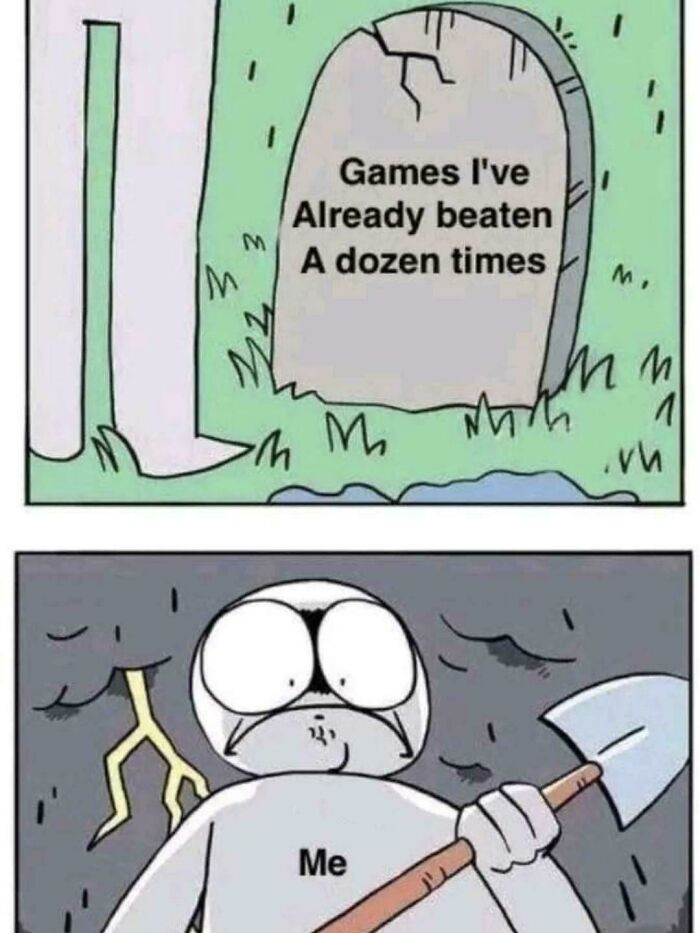Cartoon showing person digging grave for games beaten multiple times in gaming meme