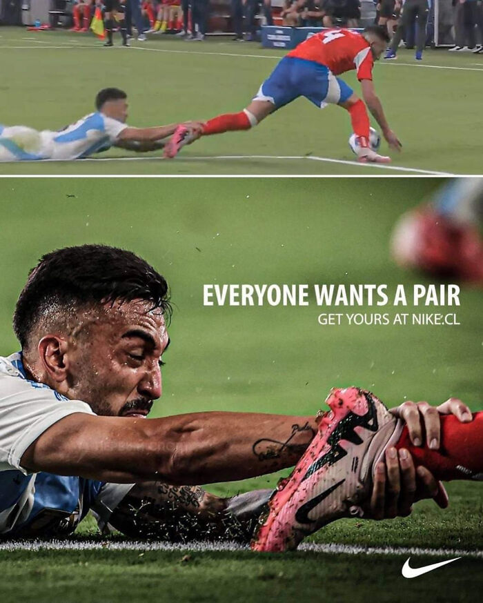 Nike soccer advertisement showing players competing for a pair of shoes