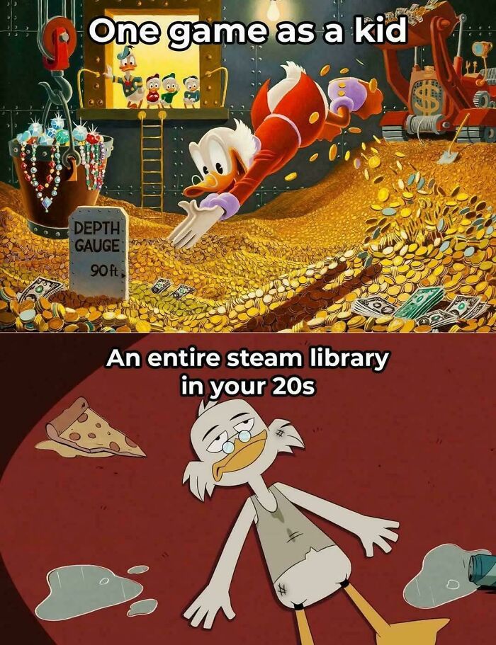 Gaming meme comparing childhood gaming to owning a large Steam library in your 20s