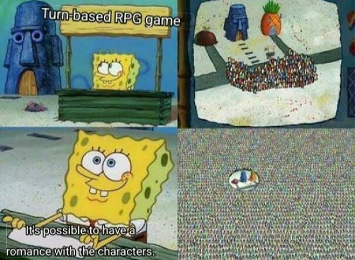 SpongeBob meme about popularity of turn-based RPG games with romance options