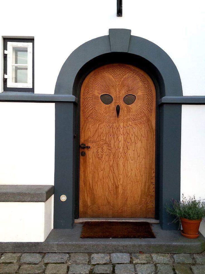 Wooden door carved with owl design in unique architectural frame