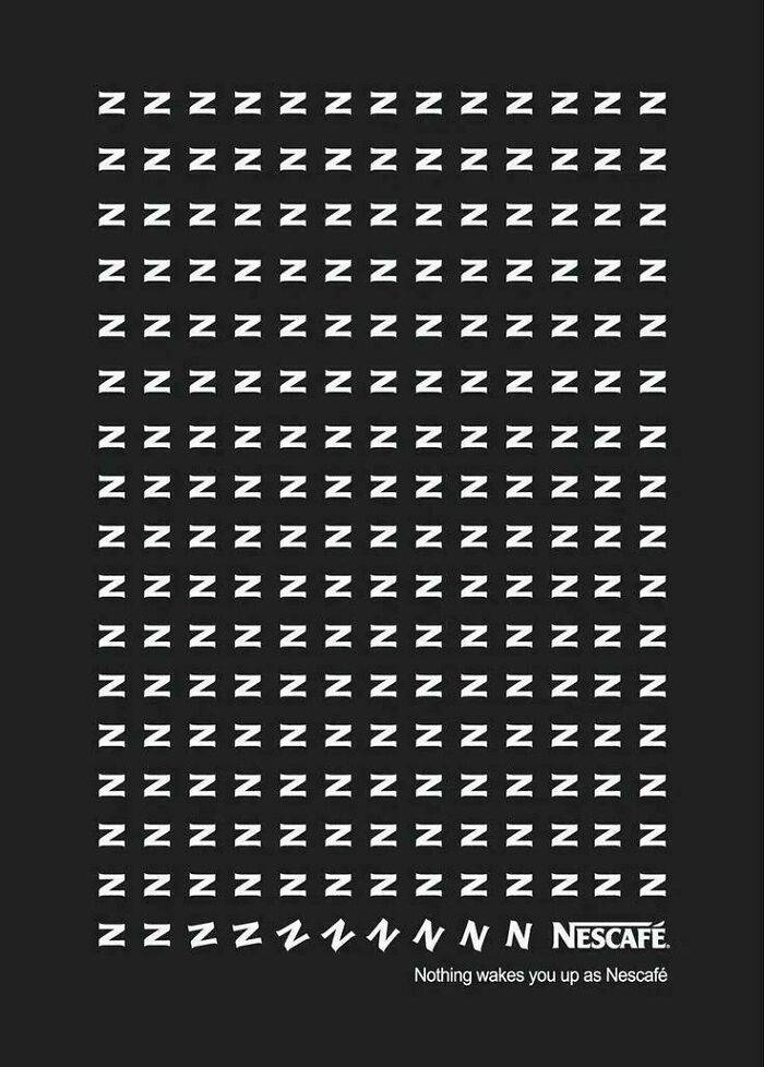 Nescafe ad showing Z letters transforming to N letters symbolizing wakefulness