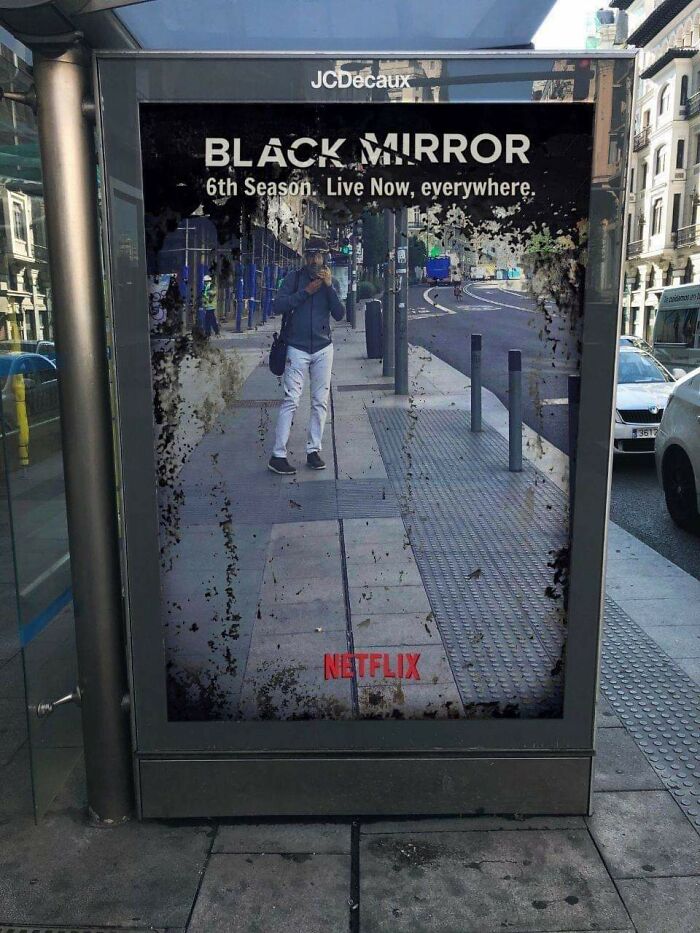 Black Mirror bus stop ad with reflective design for Netflix