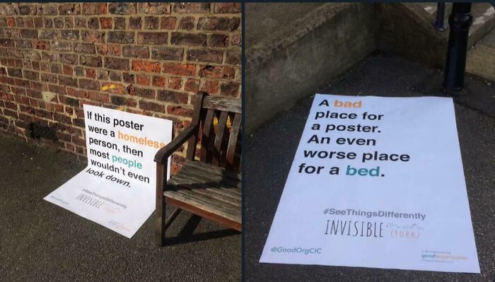 Creative homeless awareness poster design with sidewalk corners and bench