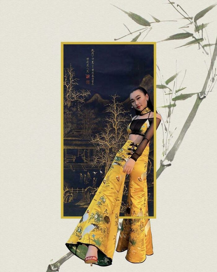 Fashion design blending traditional art with modern clothing style
