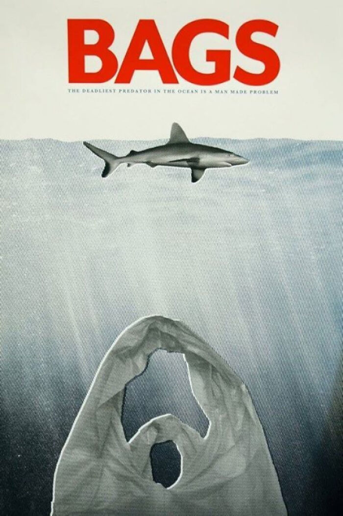 Environmental poster showing plastic bag as a shark under water
