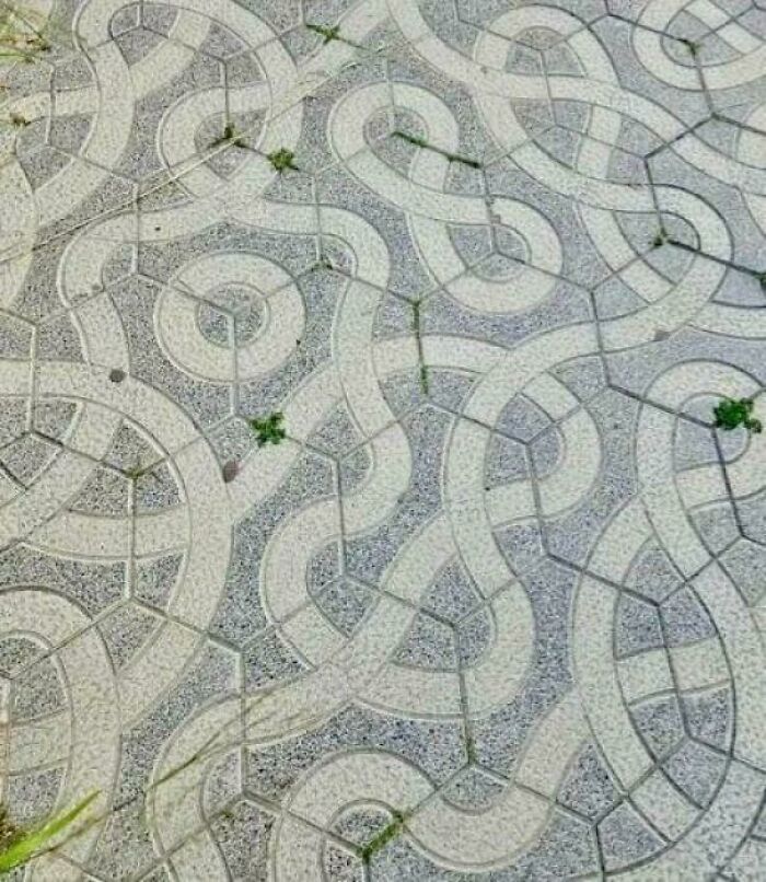 Paved surface with a creative, interlocking curved tile pattern