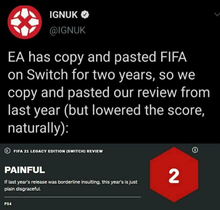 Screenshot of low review score complaining about FIFA Switch copy paste