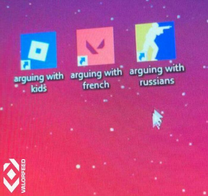 Desktop icons labeled arguing with kids, french, and russians gaming meme