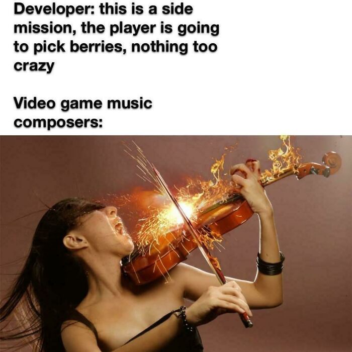 Woman intensely playing violin on fire for video game music composers meme