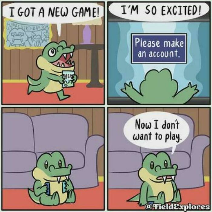 Cartoon gamer crocodile frustrated by game requiring account creation to play