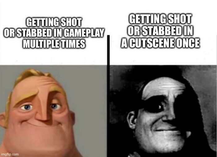Gaming meme contrasting getting shot in gameplay vs cutscene