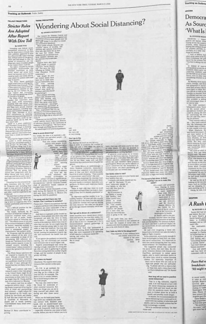 Newspaper page focused on social distancing with person illustrations