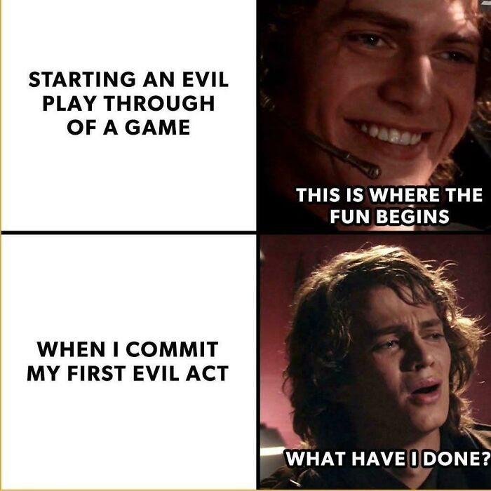 Evil game playthrough meme showing excitement then regret after first evil act