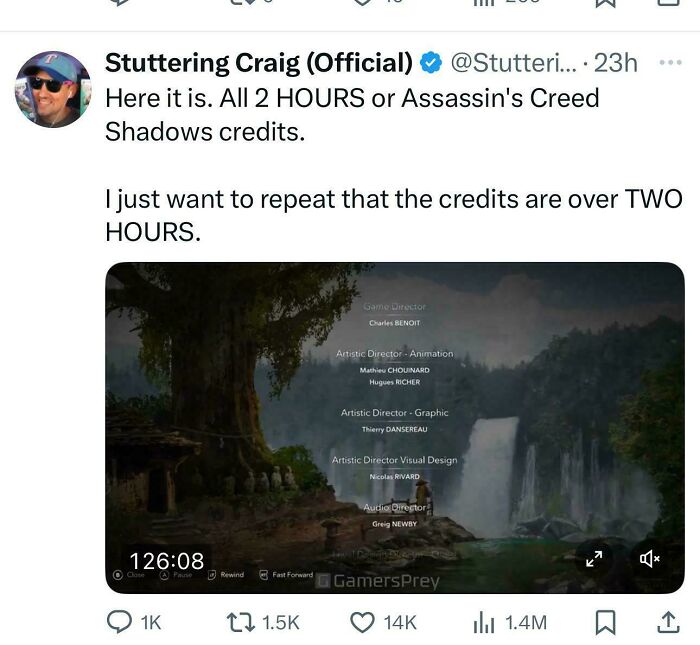 Screenshot of tweet about Assassin's Creed Shadows game credits lasting over two hours