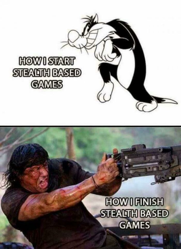 Cartoon vs action scene showing how stealth games start and end