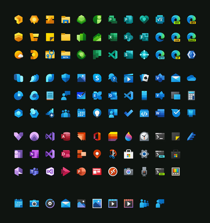 Collection of colorful redesigned Microsoft app icons displayed