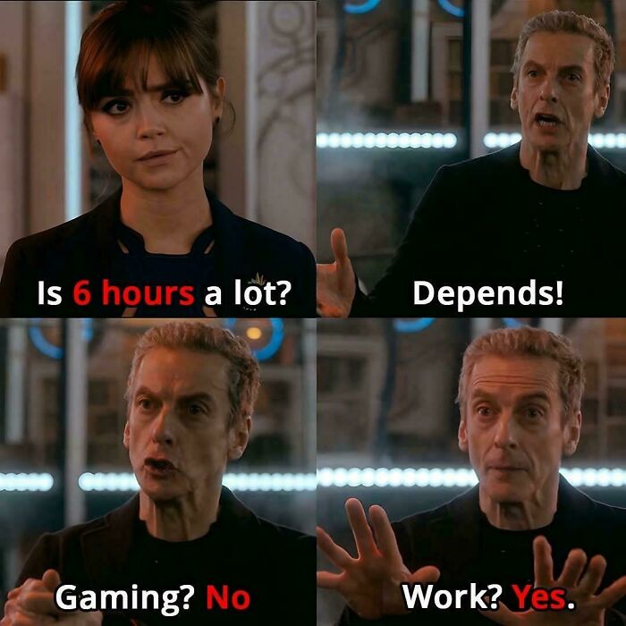 Four-panel meme discussing if six hours is a lot for gaming or work