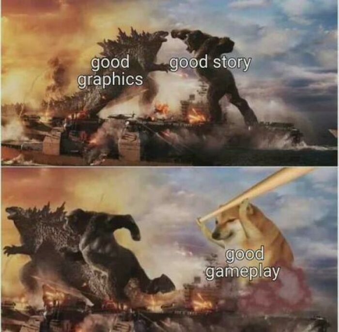 Godzilla and Kong meme with doge hitting about good gameplay in gaming meme