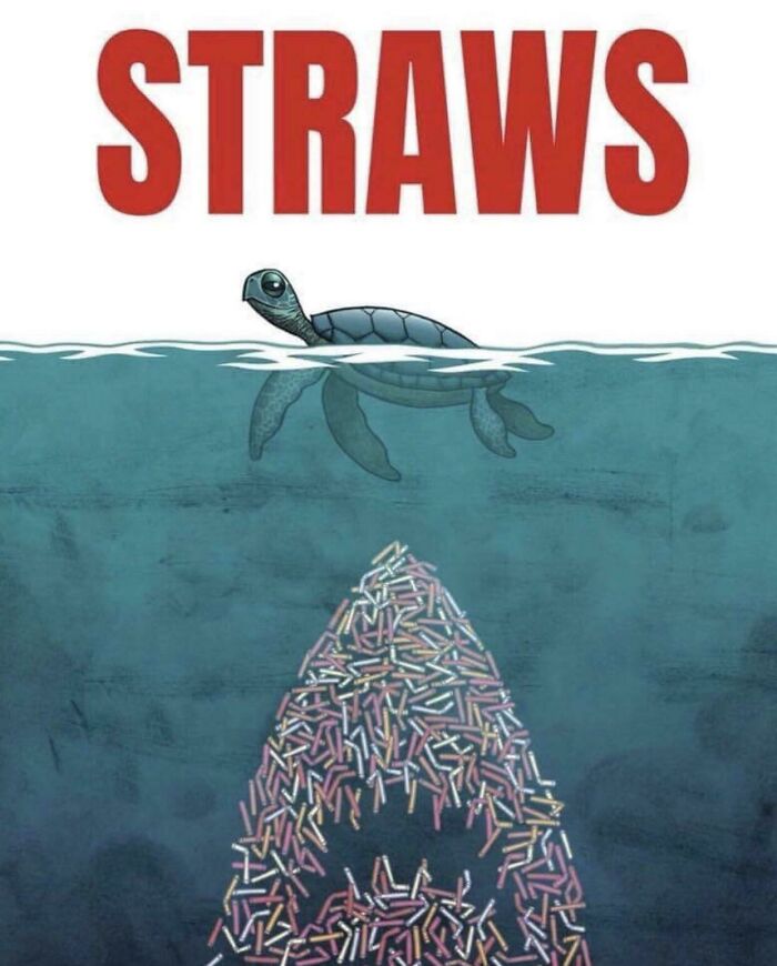 Environmental design showing straws forming a shark under a swimming turtle