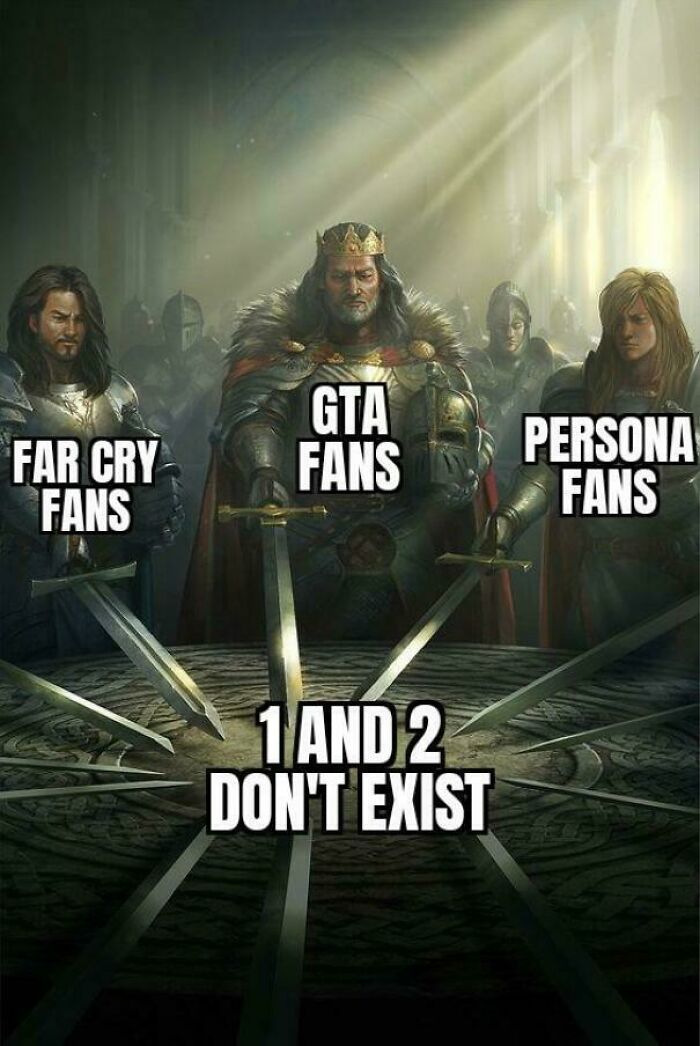 Fantasy kings unite swords with text about GTA, Far Cry, and Persona fans