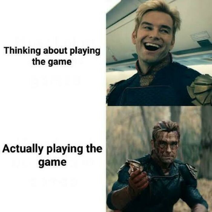 Gamer emotions meme contrasting excitement thinking about and playing the game