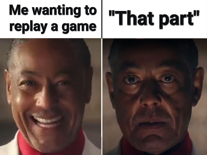 Actor smiling then looking serious replaying game meme