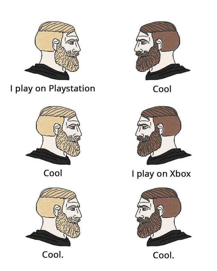 Meme showing gamers calmly stating they play on PlayStation or Xbox