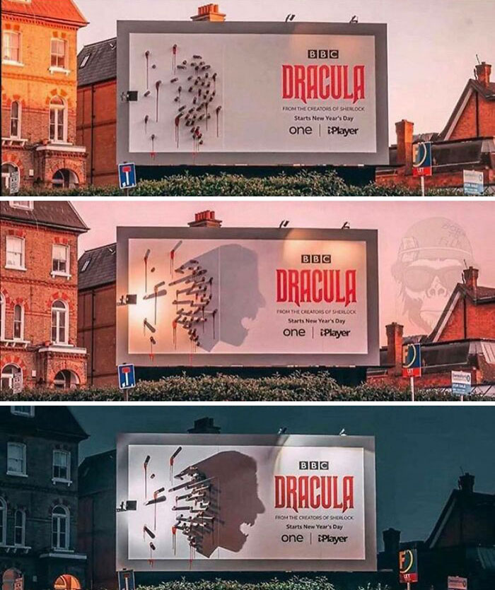 Creative Dracula billboard design shows vampire profile formed by shadows and pins