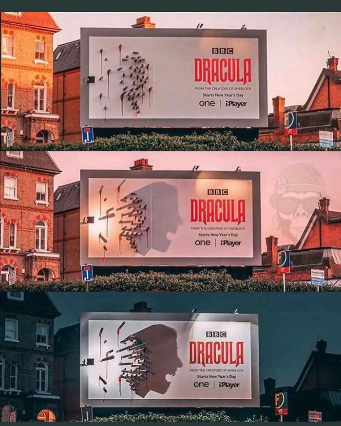 Creative Dracula billboard design shows vampire profile formed by shadows and pins