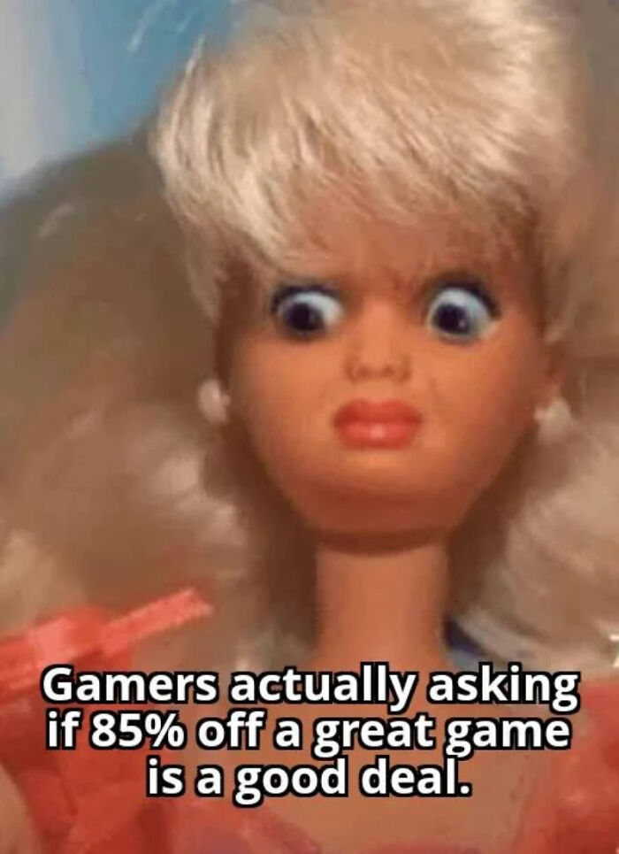 Surprised doll face gamers asking about 85% off game deals meme