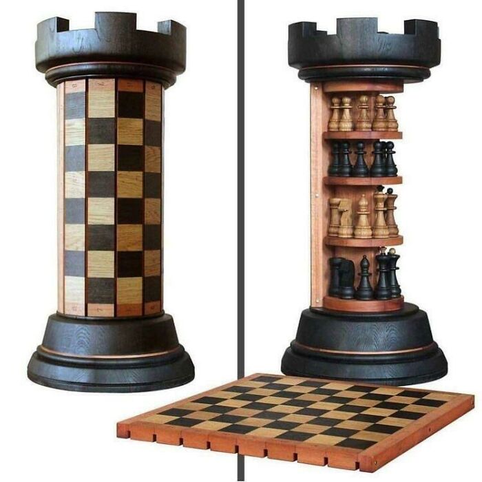 Chess rook designed as a storage cabinet with hidden chess pieces and board