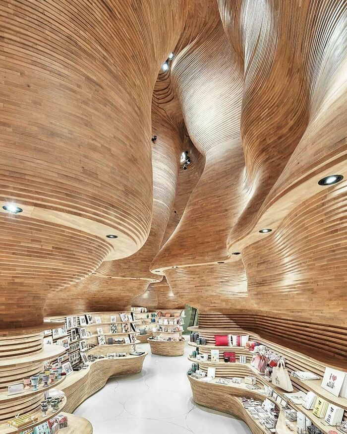 Innovative wooden interior design with flowing organic shapes in creative space