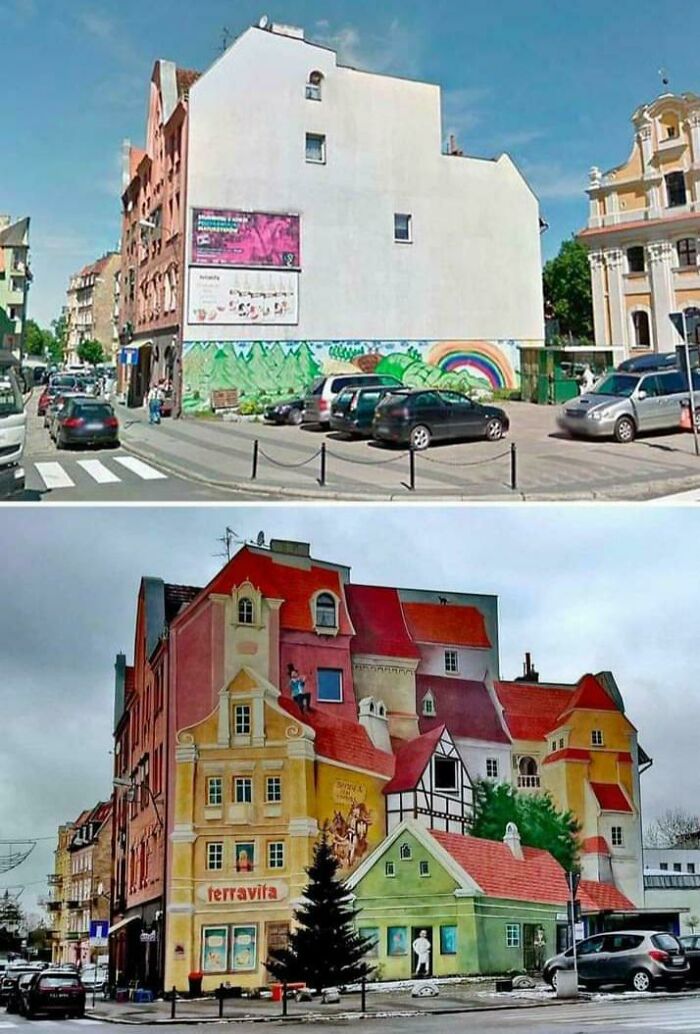 Building facade painted with creative murals illustrating designer genius