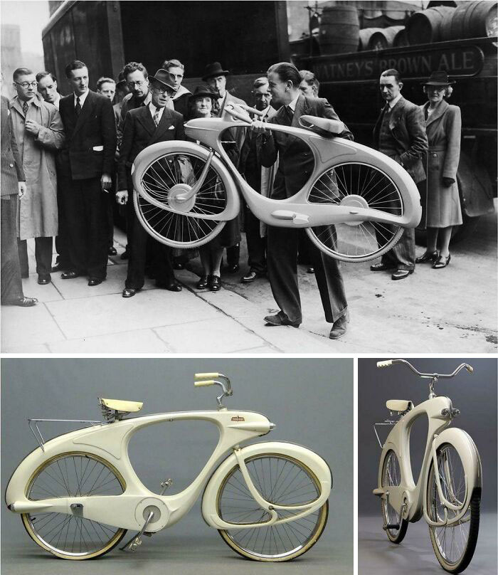 Vintage futuristic bicycle design showcased to crowd of people