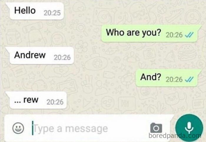 WhatsApp chat with playful greeting and name confusion