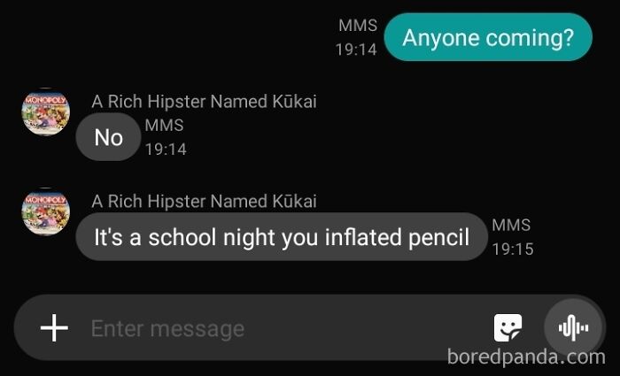 Text messages about a school night with a humorous insult
