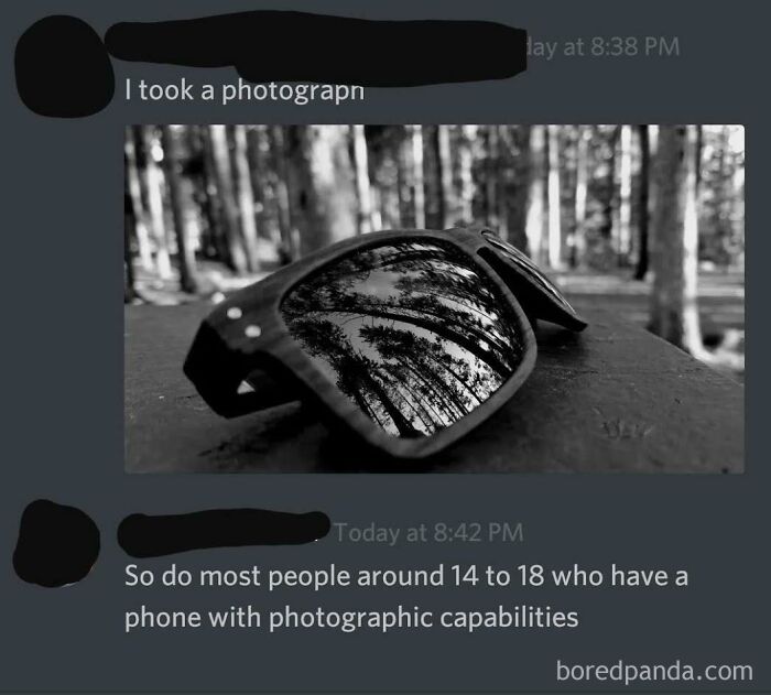Funny text message about taking a photograph with sunglasses reflecting trees