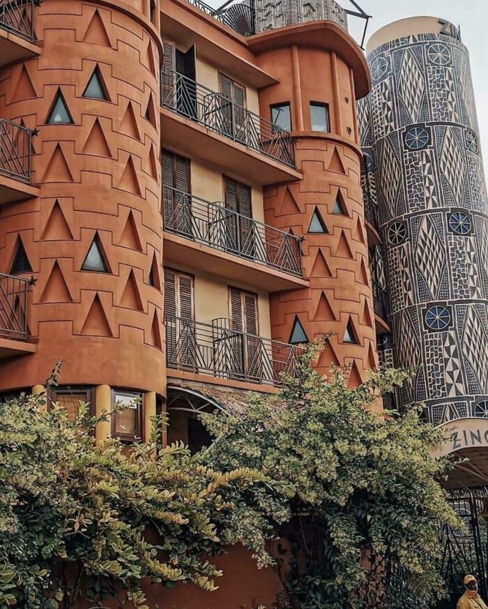 Building facade with creative brain geometric pattern windows