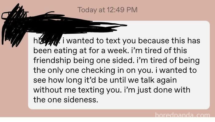 Text expressing frustration with one-sided friendship and lack of communication