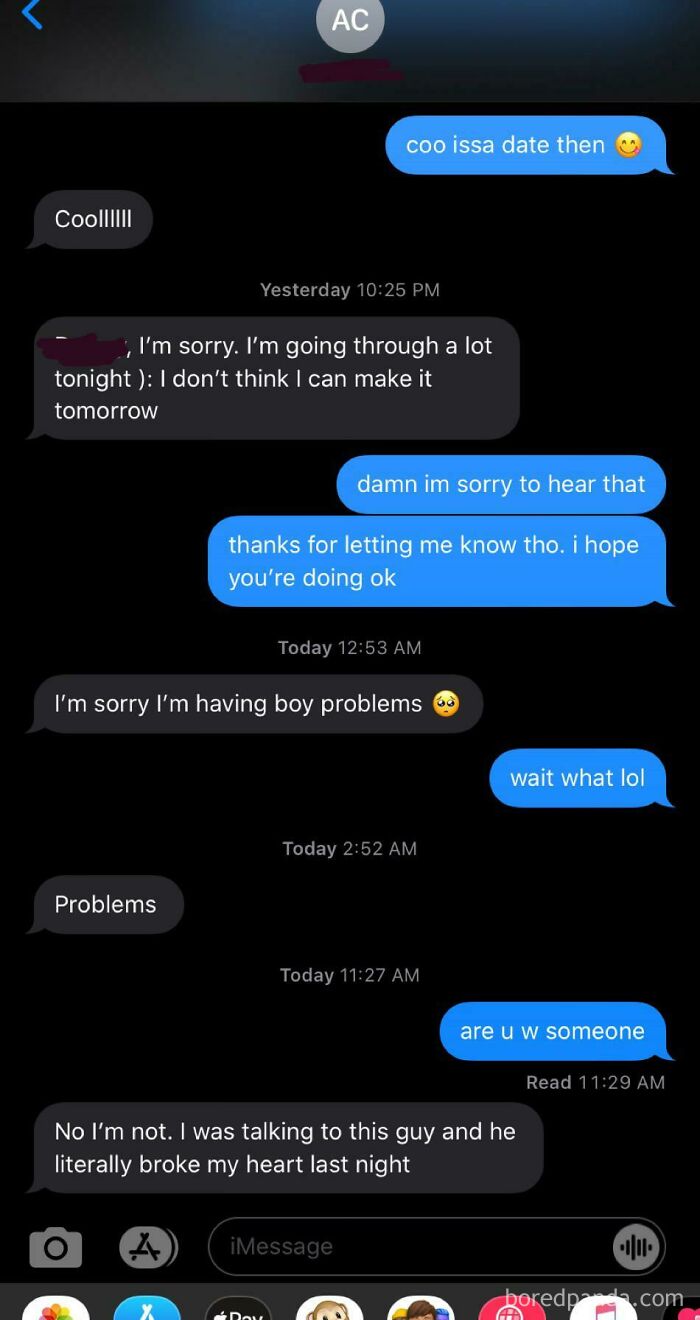 Text conversation discussing emotional boy problems and heartbreak