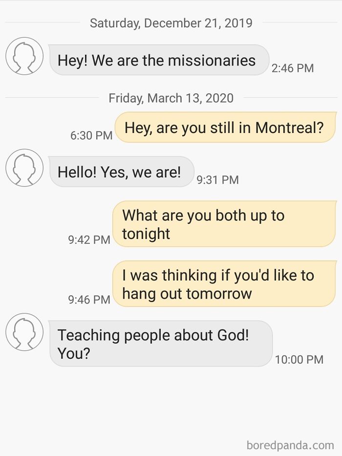 Text chat about missionaries teaching people about God in Montreal