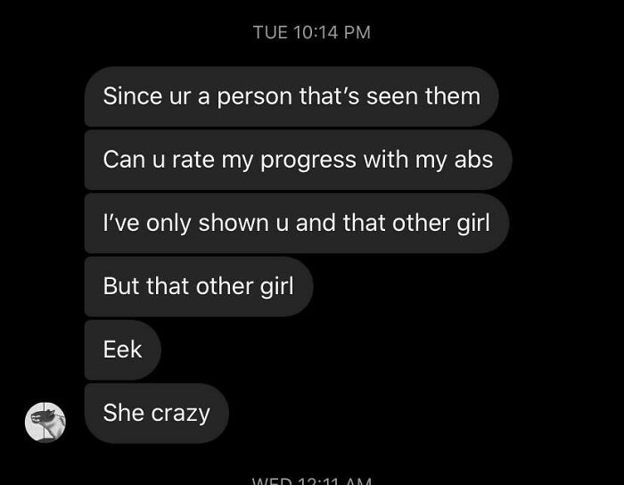 Message asking to rate ab progress with mention of a crazy girl