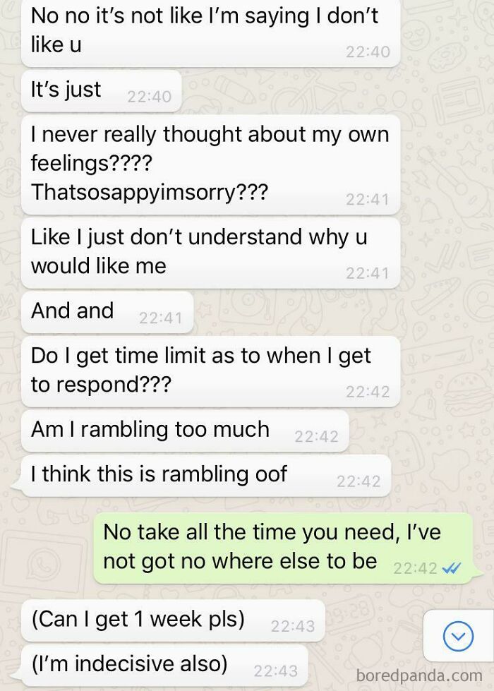 WhatsApp messages discussing feelings, response time, and indecisiveness