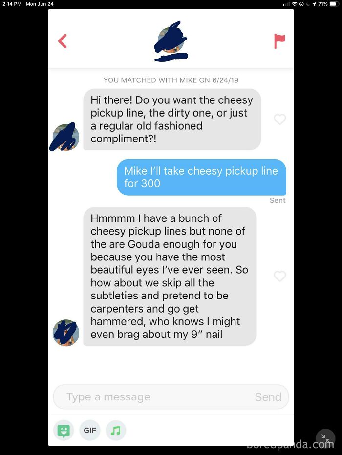 Dating app conversation with cheesy pickup lines and a carpenter joke