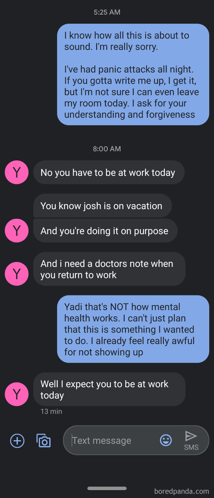Concerning text messages about panic attacks and work pressure in mental health conversation